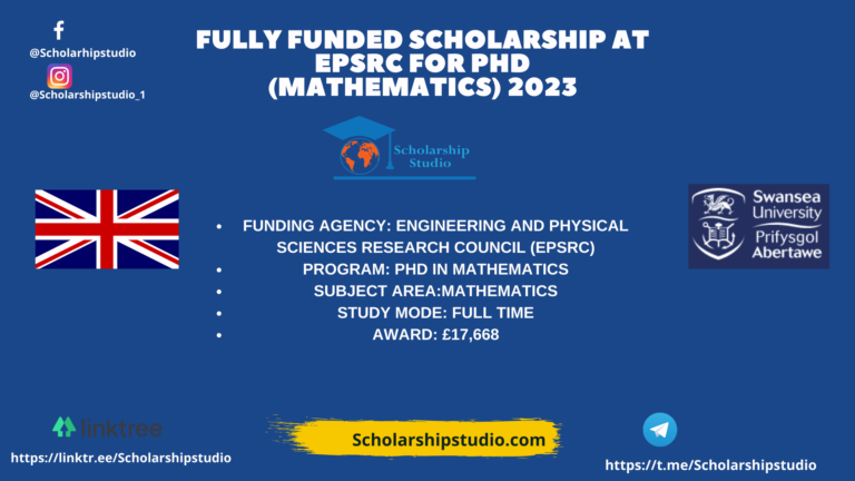 Fully funded scholarship at EPSRC for PHD (Mathematics) 2023